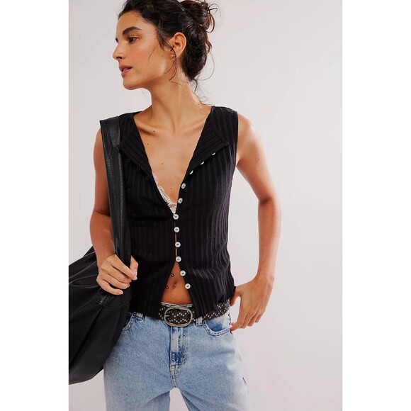 Free People Tilly Vest Blouse Top Knit Ribbed Buttondown Scoop-Neck M NEW 280638 - Picture 1 of 8